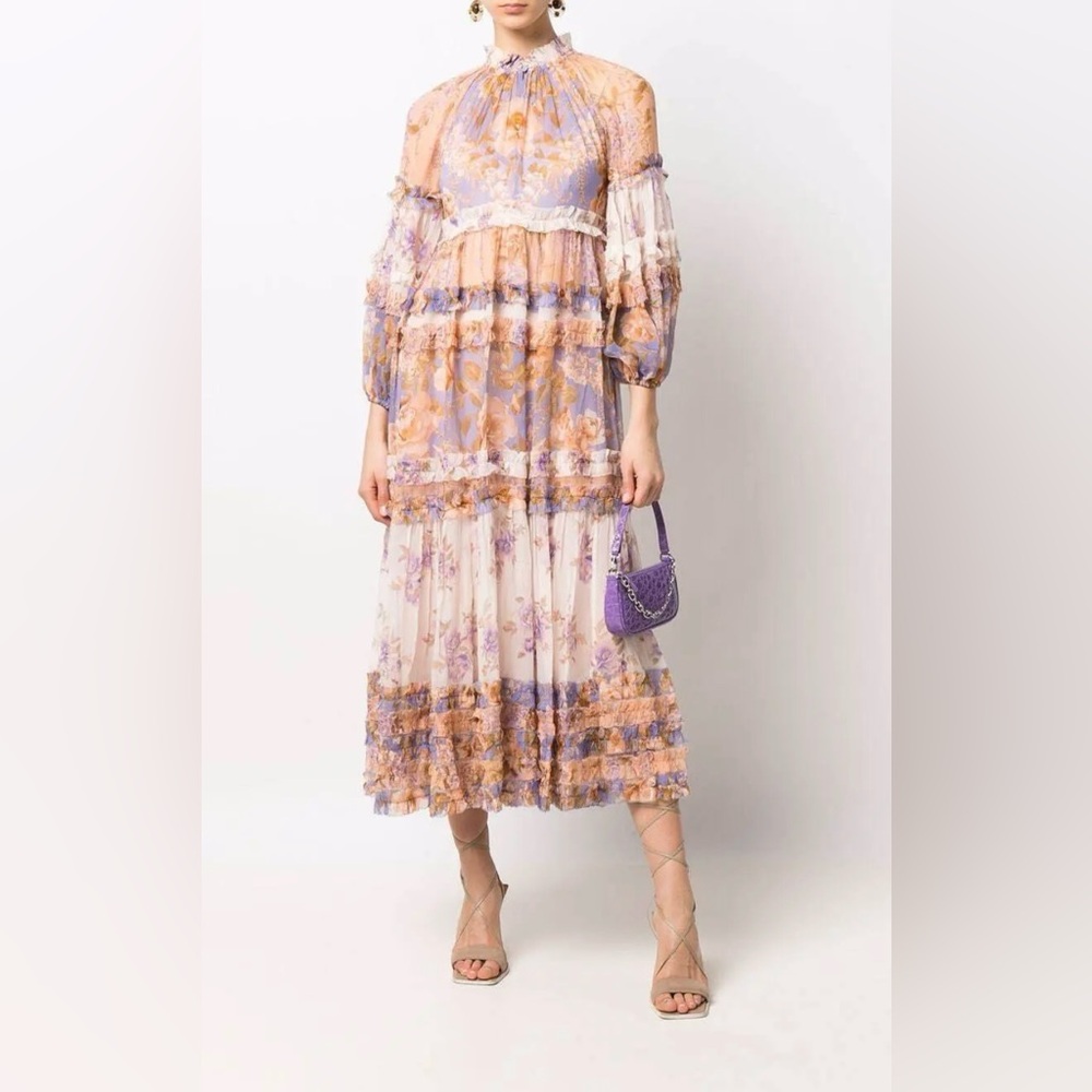 Zimmermann Purple and Cream Bishop Sleeve Sundress
